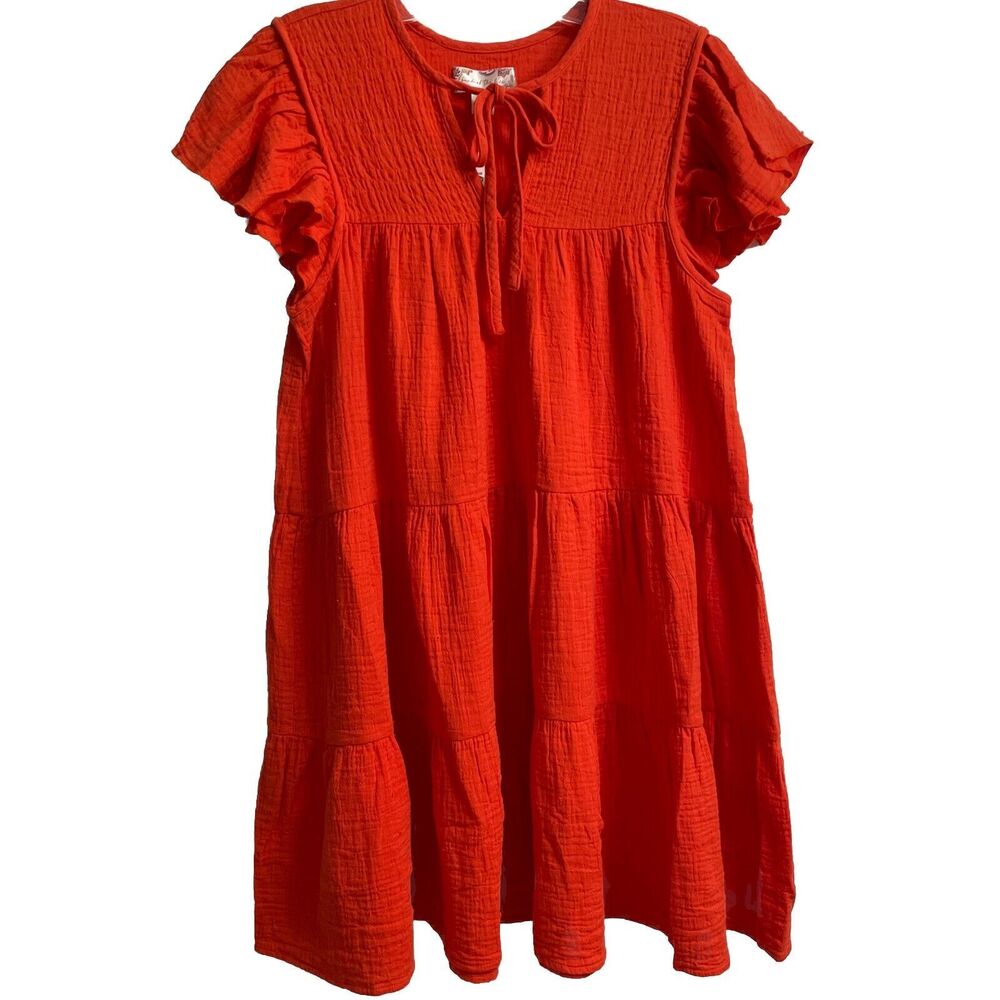 Band Of The Free Small Mini Dress Coral Orange Flutter Sleeve Tiered Boho NWT